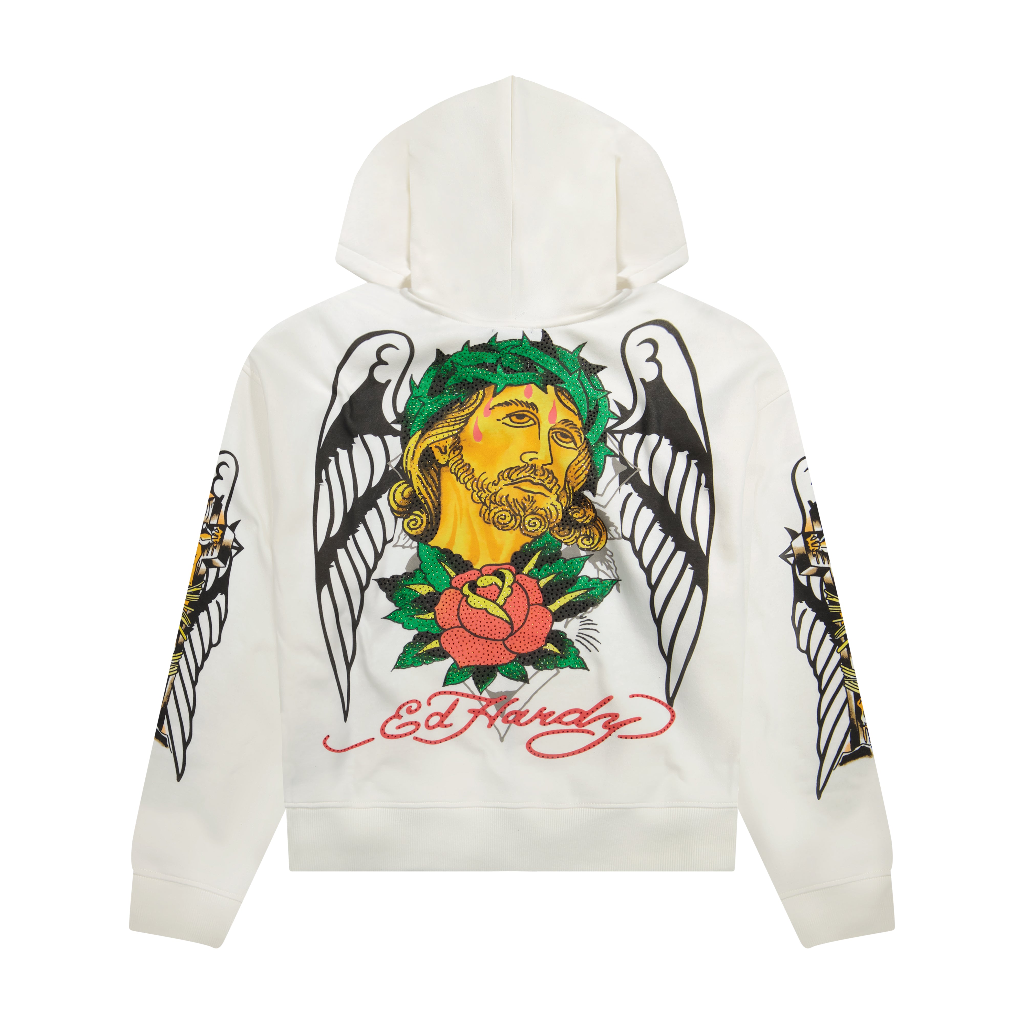 edhardyoriginals S / IVORY Christ Cross Rhinestone Boxy Zip Hoodie