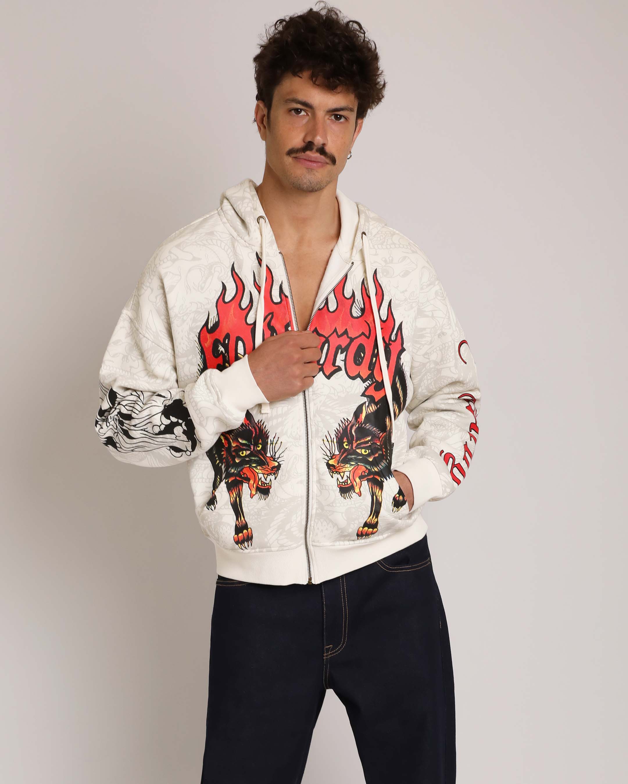 Wolves Boxy Zip Hoodie, Ivory