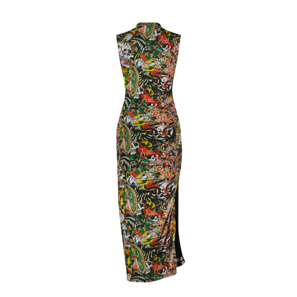 dragon tattoo printed maxi dress Tattoo Collage Print Mesh Maxi Dress