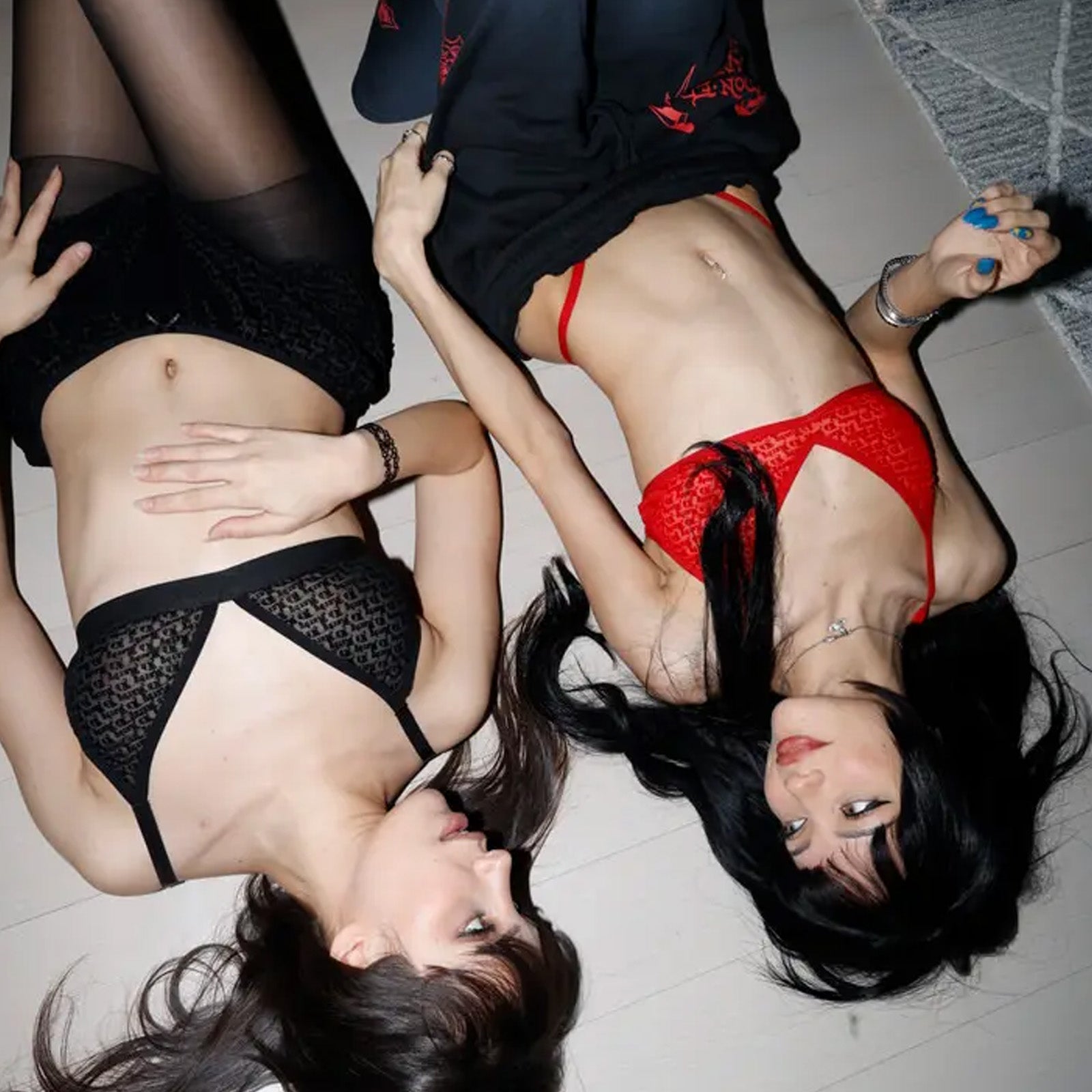 Flocked Logo Mesh Criss Cross Bralette - Cherry