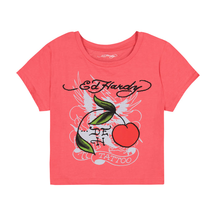Cherry on Top Embroidered Cotton Crop Baby Tee – Cap Sleeve Fitted Top