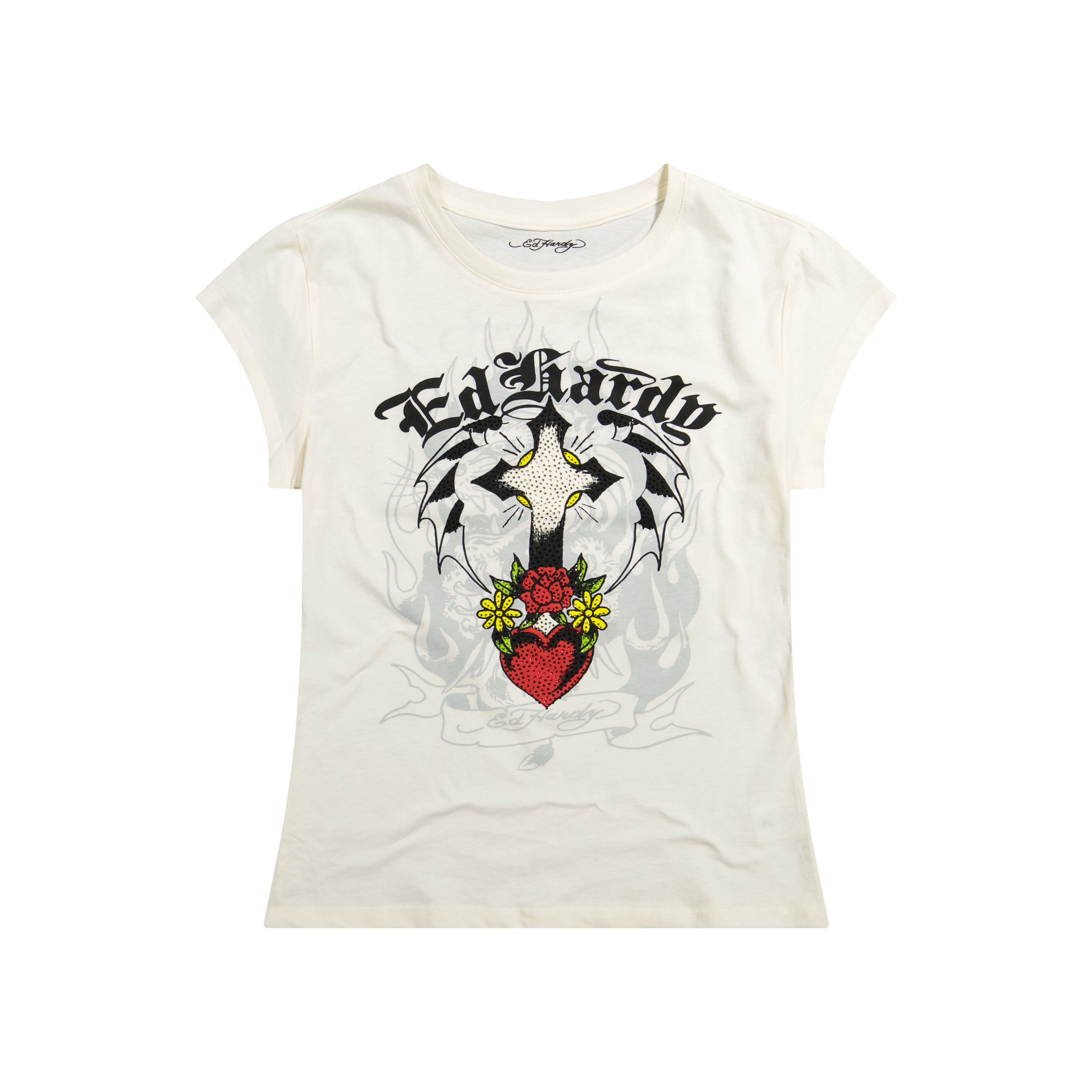 edhardyoriginals S / IVORY Cross Heart Rhinestone Fitted Tee