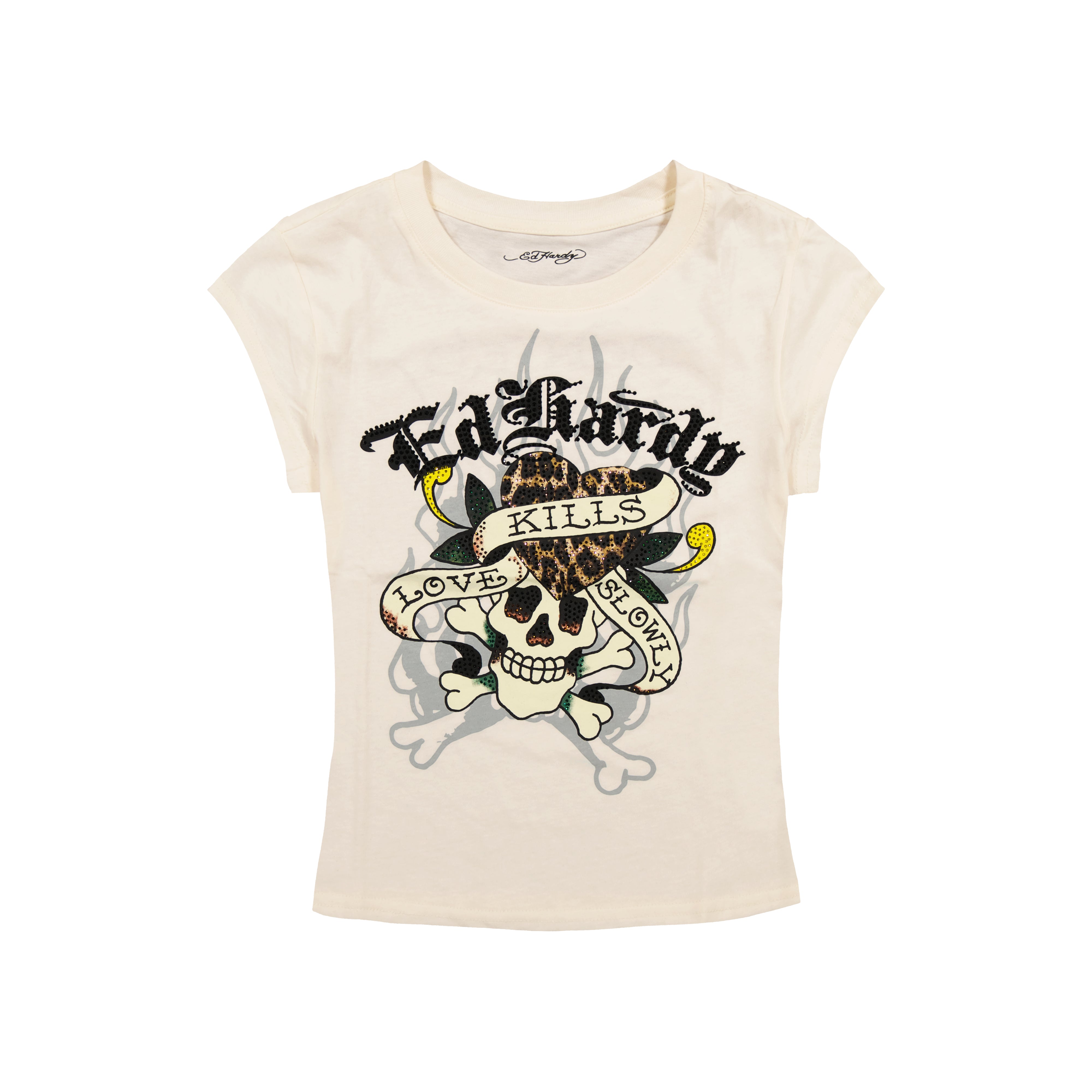 y2k❤️00s Ed Hardy ラブキル スカルロゴ ラインストーン トップス Ed Hardy Y2K Brown Striped Love Kills Slowly Skull Rhinestone