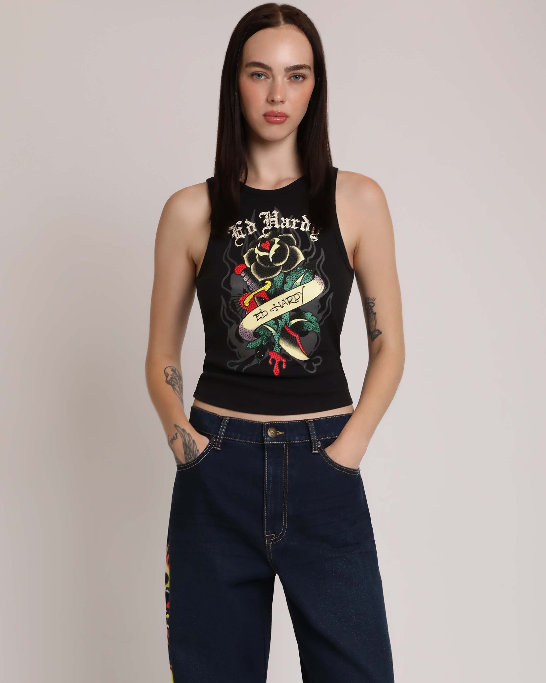 Black Rose Rhinestone Tank