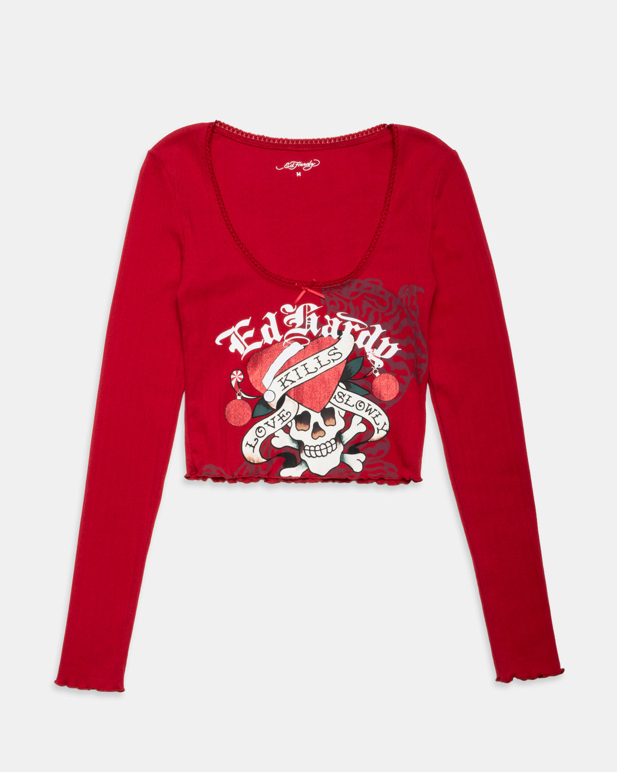 LKS Santa Skull LS Scalloped Edge Pointelle Crop