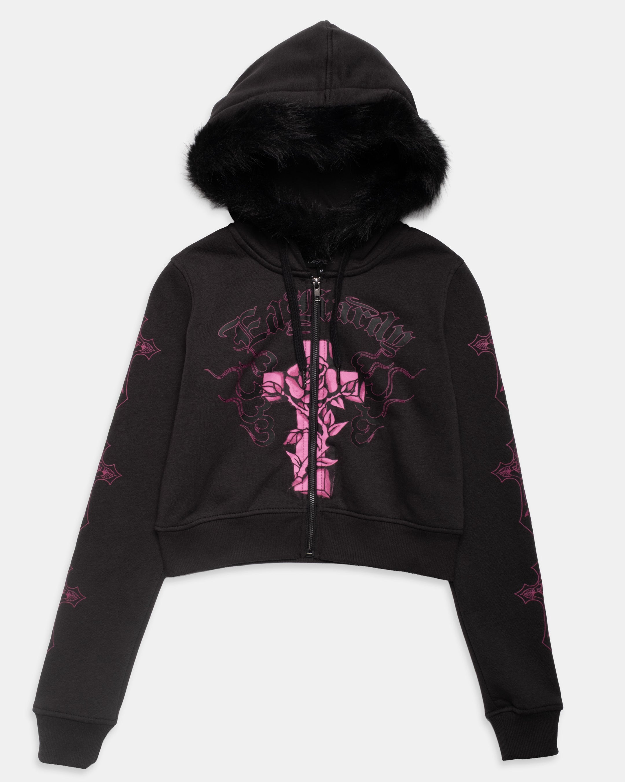 Flame Cross Fur Trim Shrunken Zip Hoodie