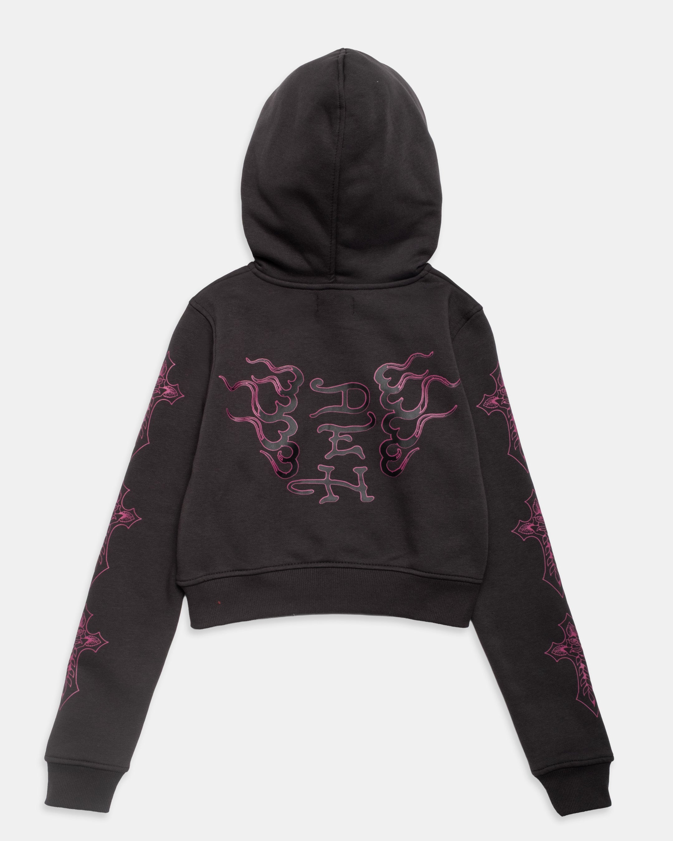 Flame Cross Fur Trim Shrunken Zip Hoodie