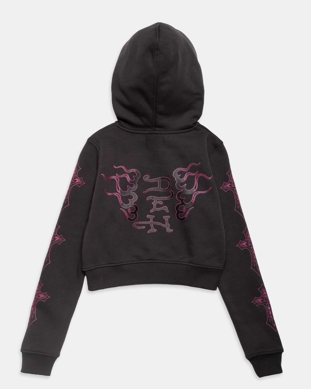Flame Cross Fur Trim Shrunken Zip Hoodie