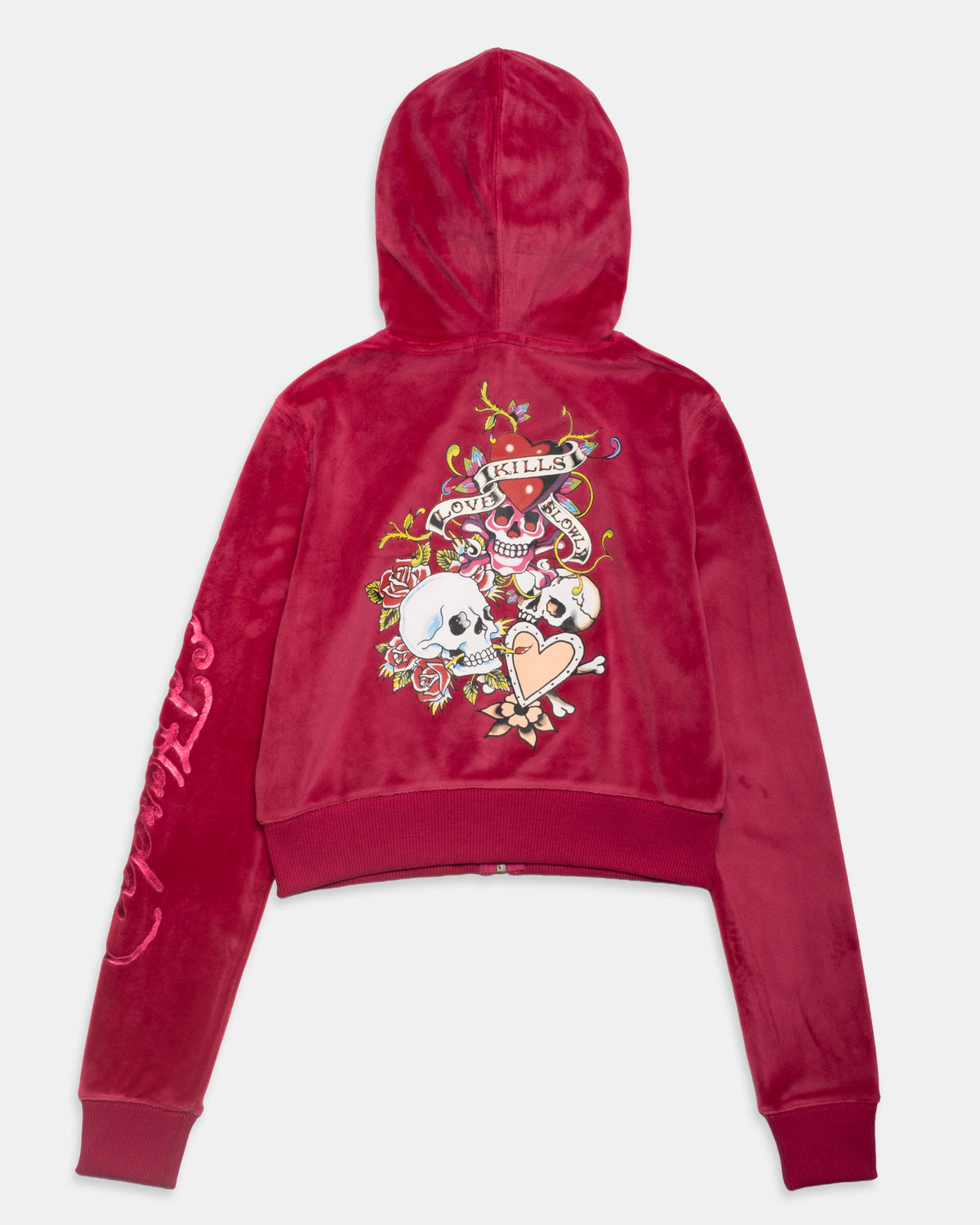 Skull Flowers Velour Zip Front Hoodie