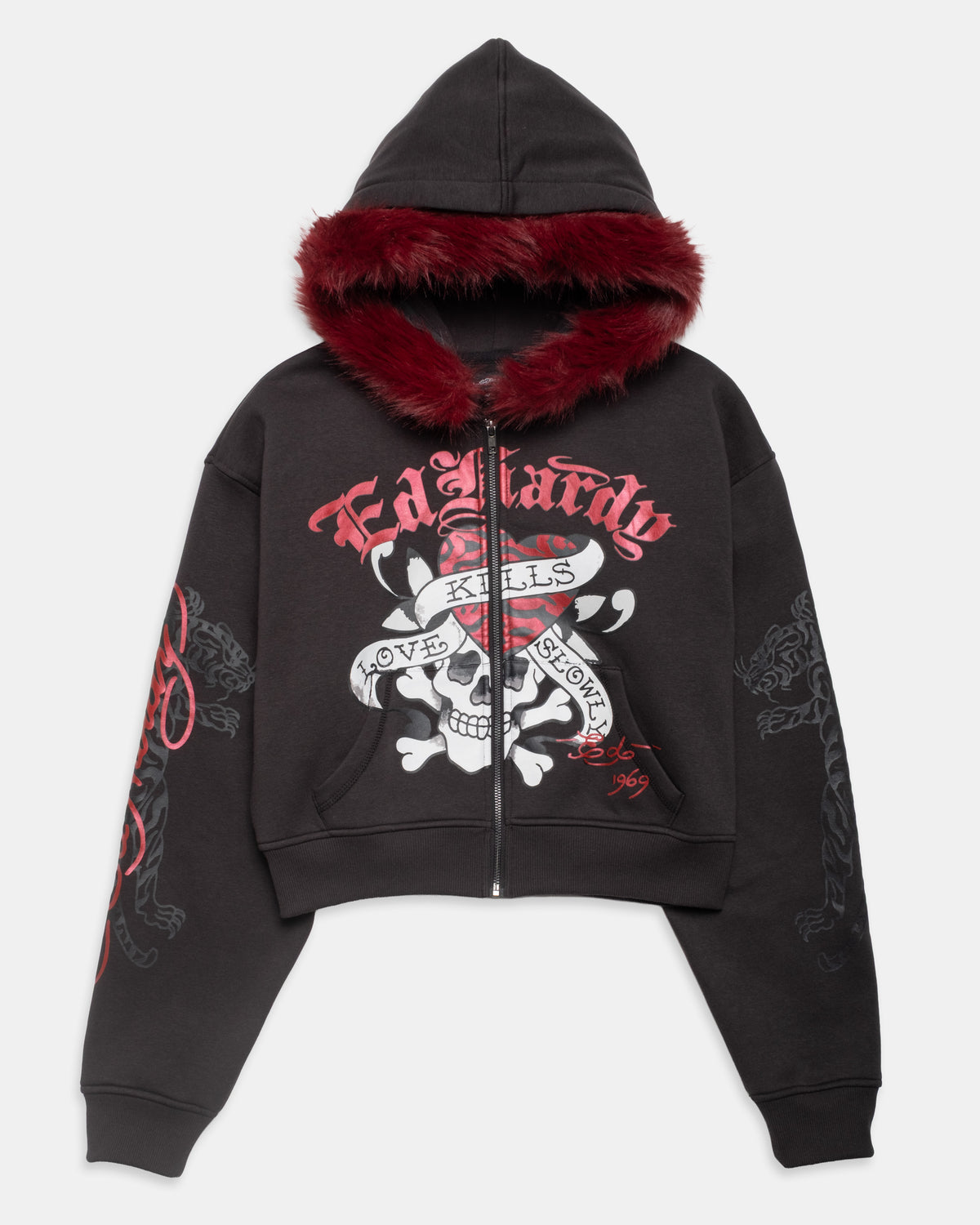Red Zebra Skull Fur Trimmed Cropped Hoodie