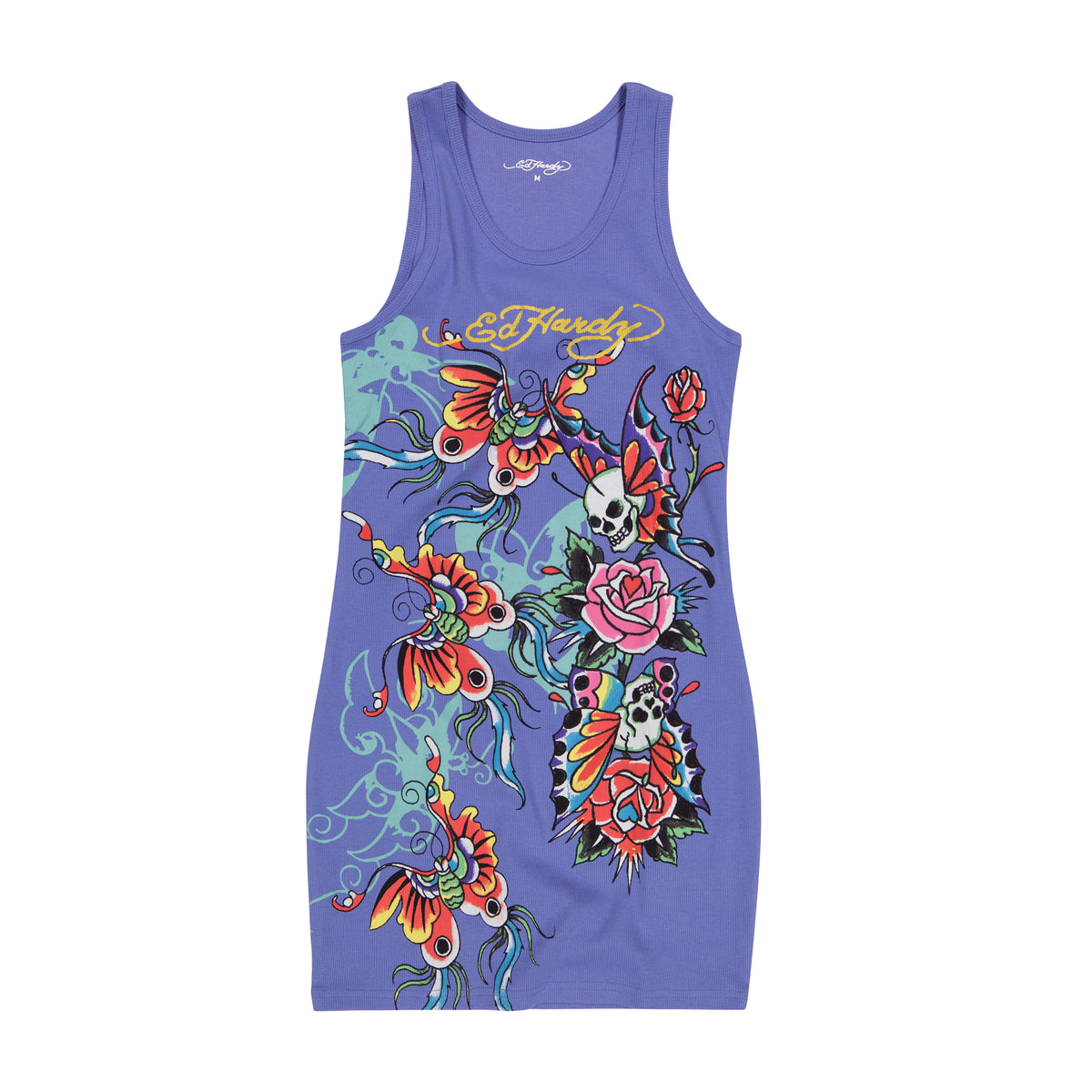 Ed Hardy Women Ed Hardy Butterflies Ribbed Tank Dress Blue Xlg
