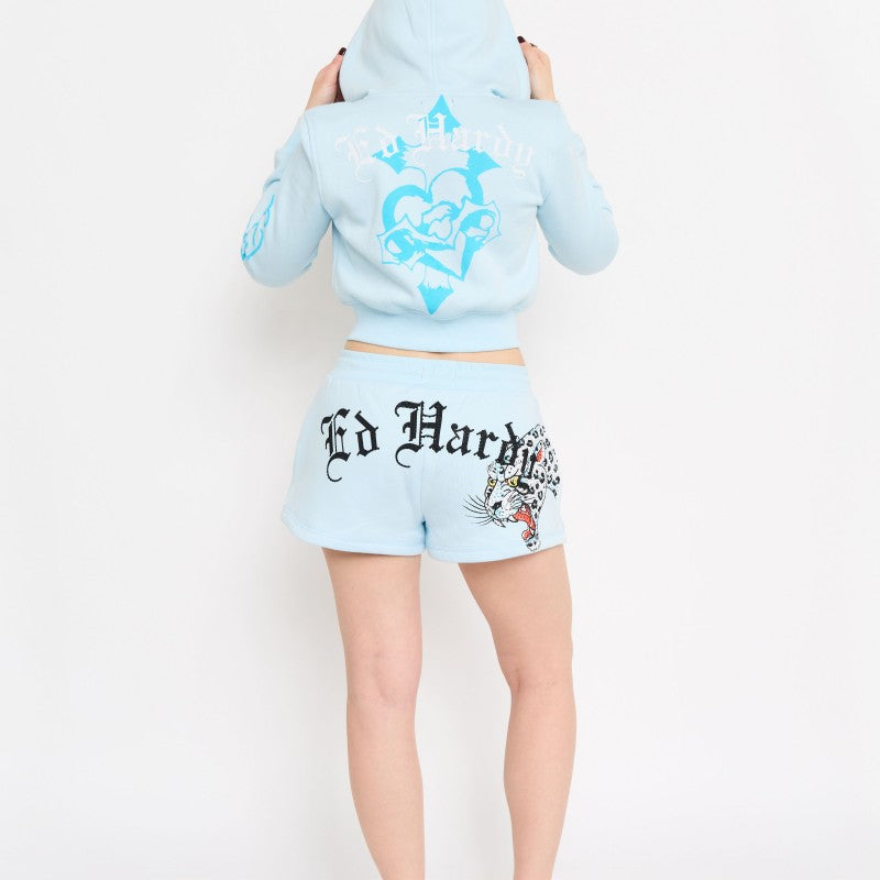 Blue Leopard Y2K Rhinestone Fleece Shorts