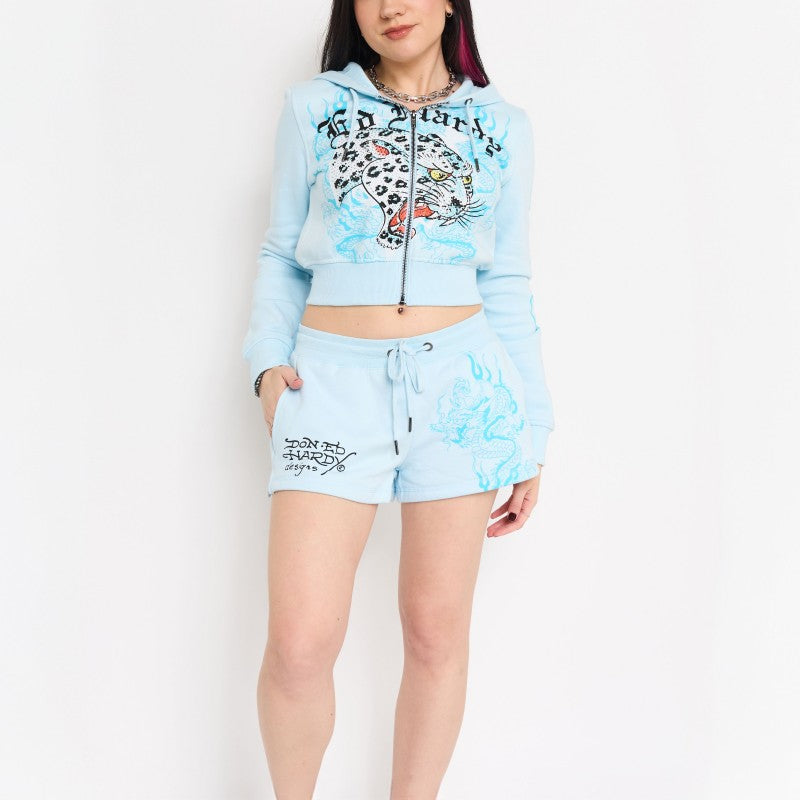 Blue Leopard Y2K Rhinestone Fleece Shorts