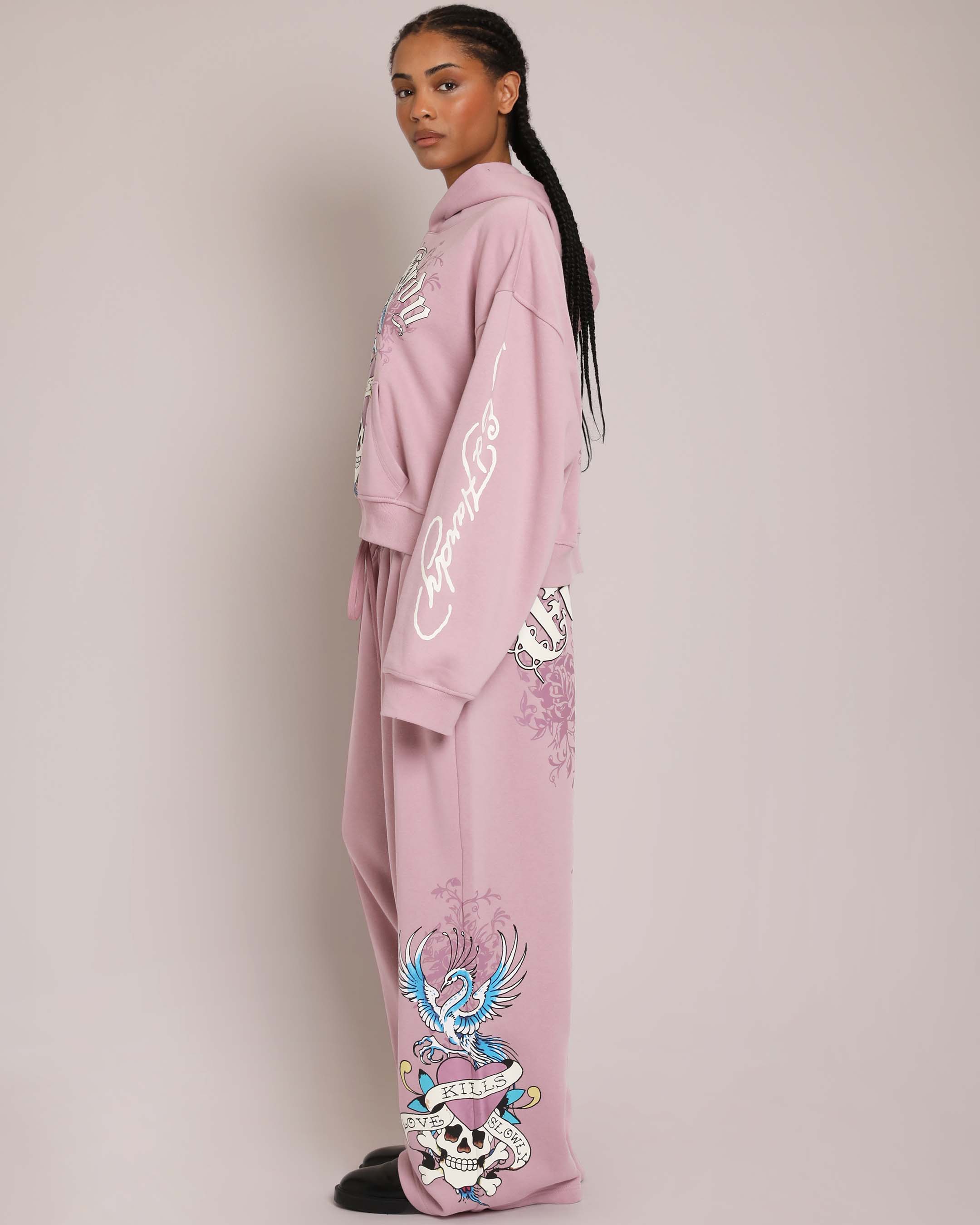 Pink LKS Skull Hoodie, Dusty Rose — puff print