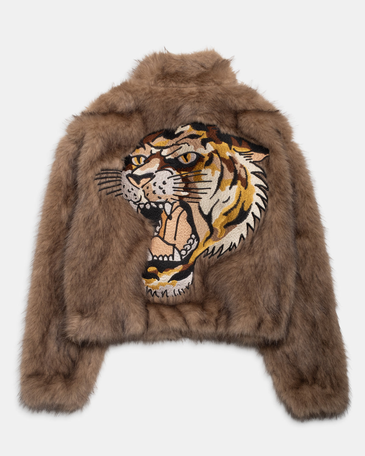 Tiger Boxy Mock Neck Fur Jacket Emb