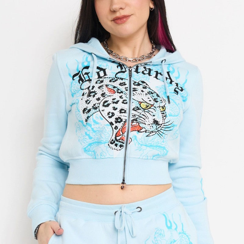 Blue Leopard Rhinestone Zip Front Hoodie