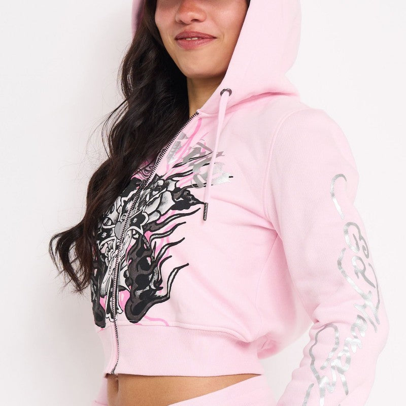 edhardyoriginals S / PINK BALLERINA Flame Cross Zip Front Hoodie