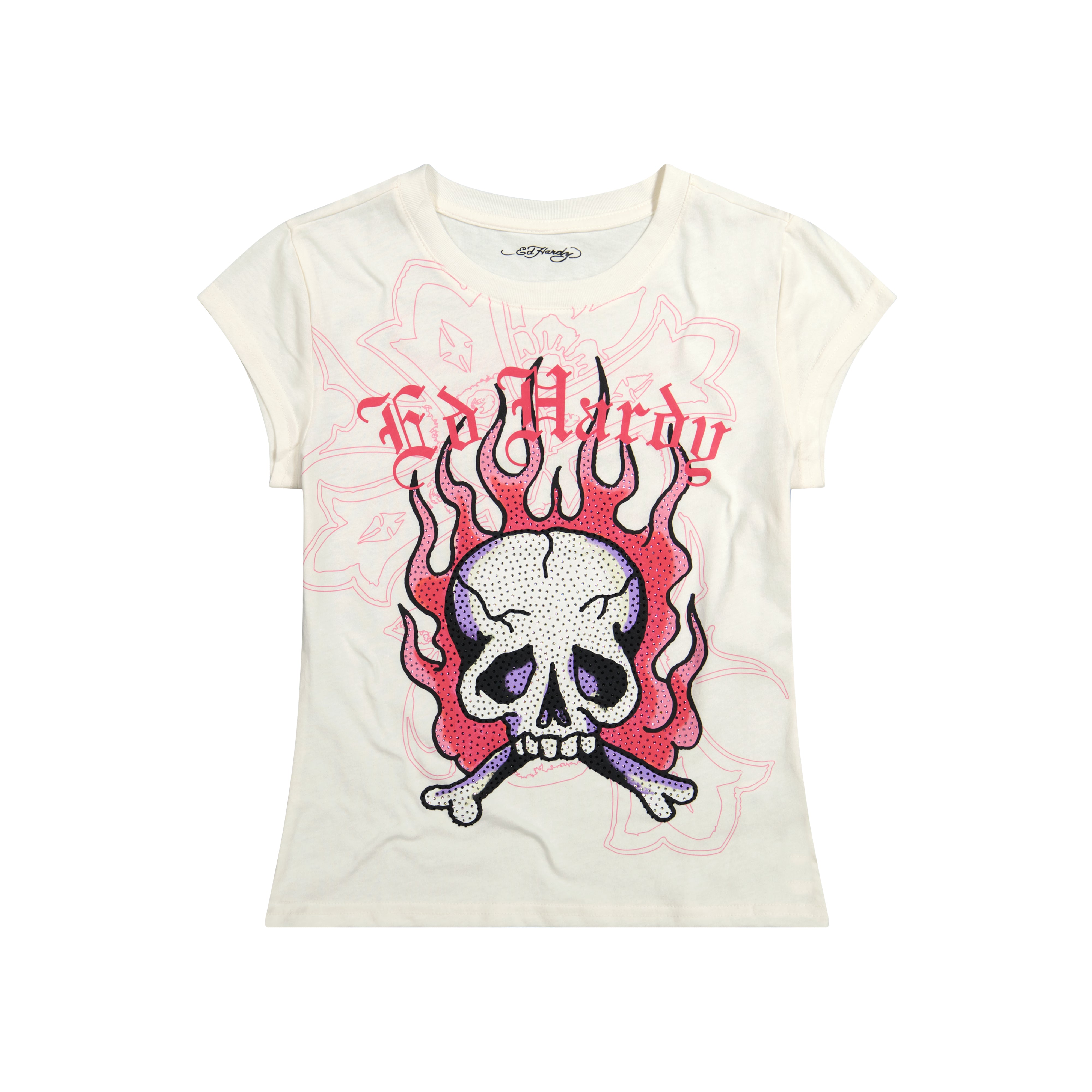 edhardyoriginals XS / IVORY Pink Flame Skull Cap Sleeve