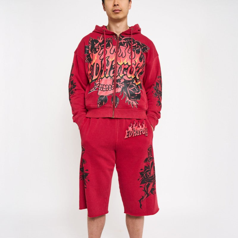 Fire Skulls Long Fleece Shorts