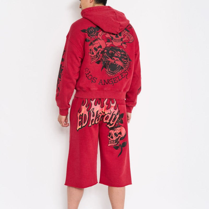 Fire Skulls Long Fleece Shorts