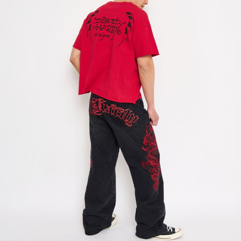 edhardyoriginals 28 / BLACK Dragons Baggy Embroidered Wide Leg Jeans