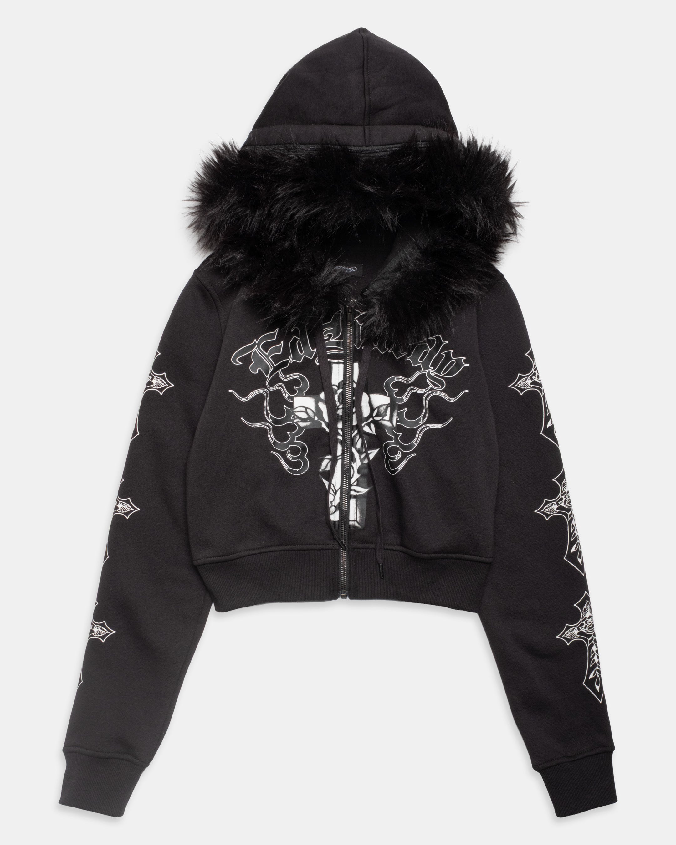 Flame Cross Fur Trim Shrunken Zip Hoodie