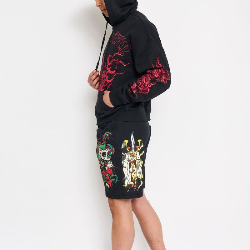 edhardyoriginals S / BLACK Skull Hearts Rhinestone Fleece Shorts