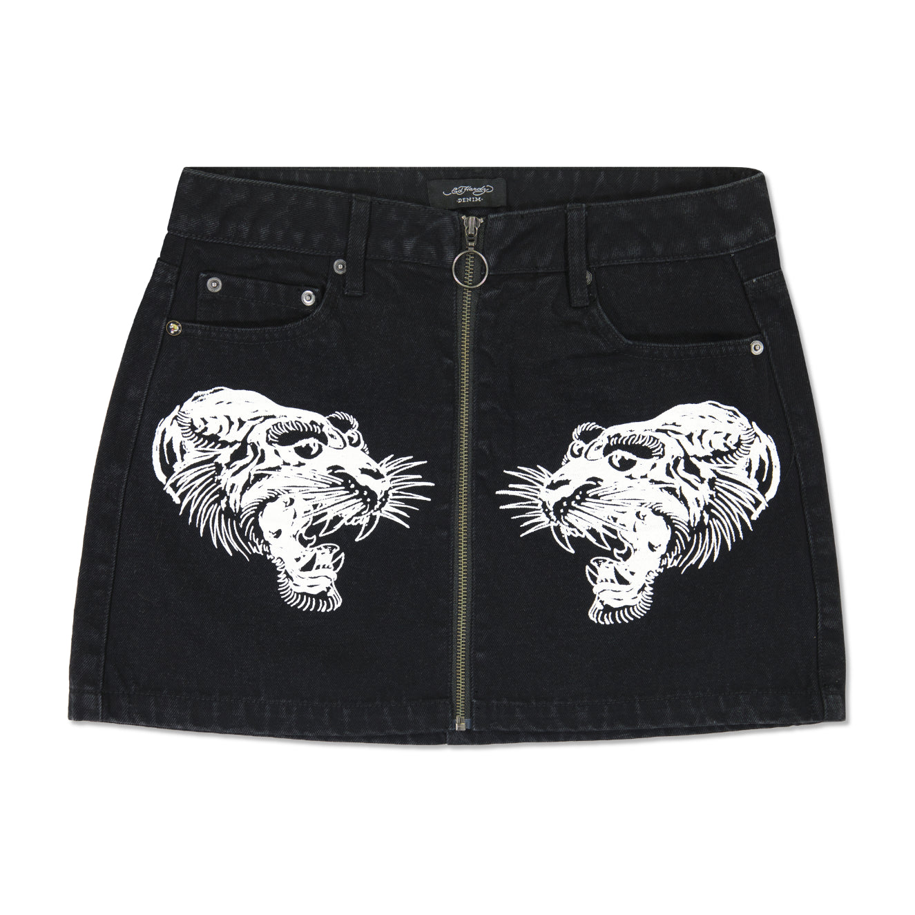 Tigers Zipper Front Mini Denim Skirt - edhardyoriginals