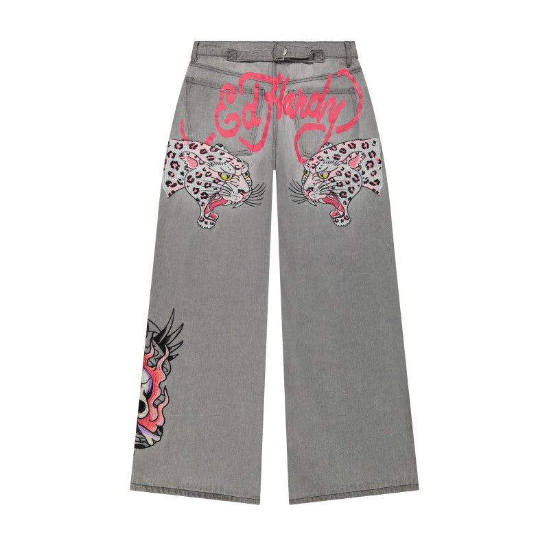 Pink Skull Flame Baggy Jeans