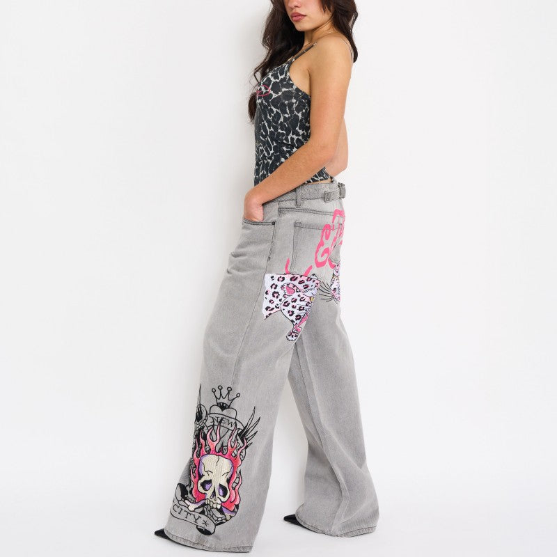 Pink Skull Flame Baggy Jeans