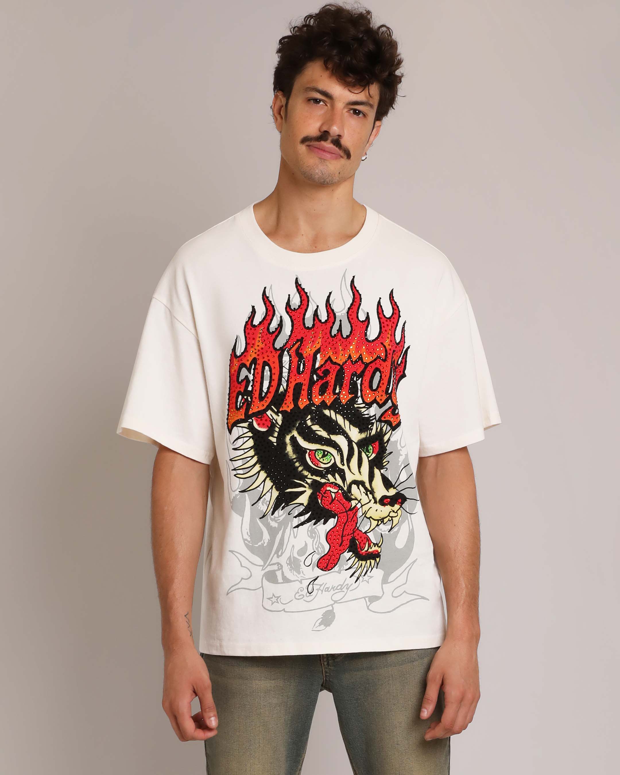 Wolf Head Rhinestone Boxy Tee | Men's Y2K Boxy Tee | Ed Hardy