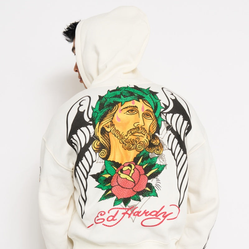 Christ Cross Rhinestone Boxy Zip Hoodie | Men's Hoodie | Ed Hardy