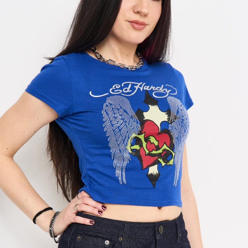 Sacred Heart Wings Rhinestone Baby Tee | Women's Tee | Ed Hardy