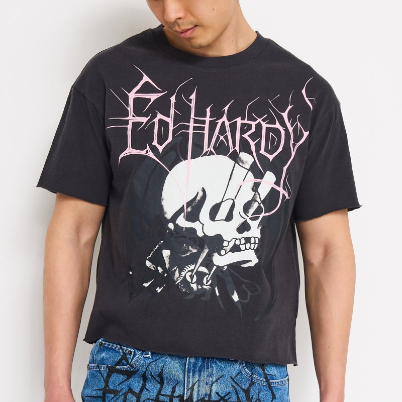 edhardyoriginals S / MINERAL GREY Spider Skull Boxy Cropped Tee